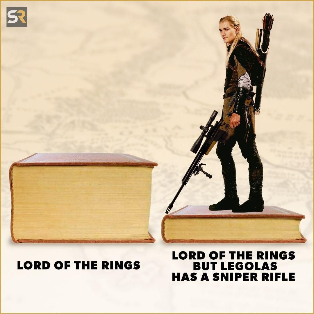 Legolas stands on a book wielding a sniper rifle in a Lord of the Rings meme