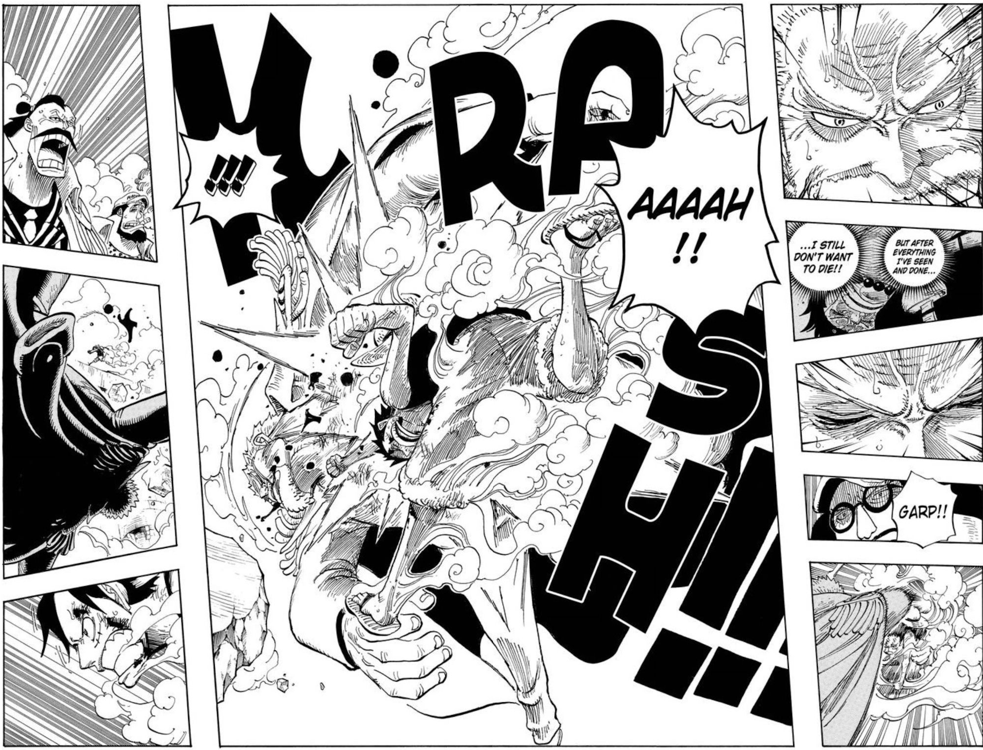 Halaman Manel dari One Piece chapter 571 menunjukkan Garp mencoba untuk menghentikan Luffy dari menyelamatkan Ace, dia menahan diri dan dipukul oleh Luffy saat sesama Marinir menyaksikan itu terjadi.