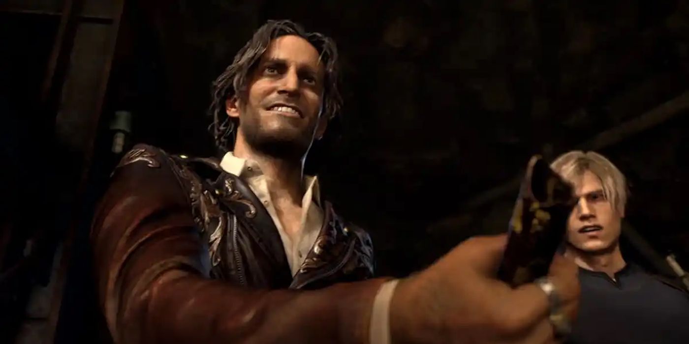 Luis aiming his shotgun, with Leon by his side, in the Resident Evil 4 Remake