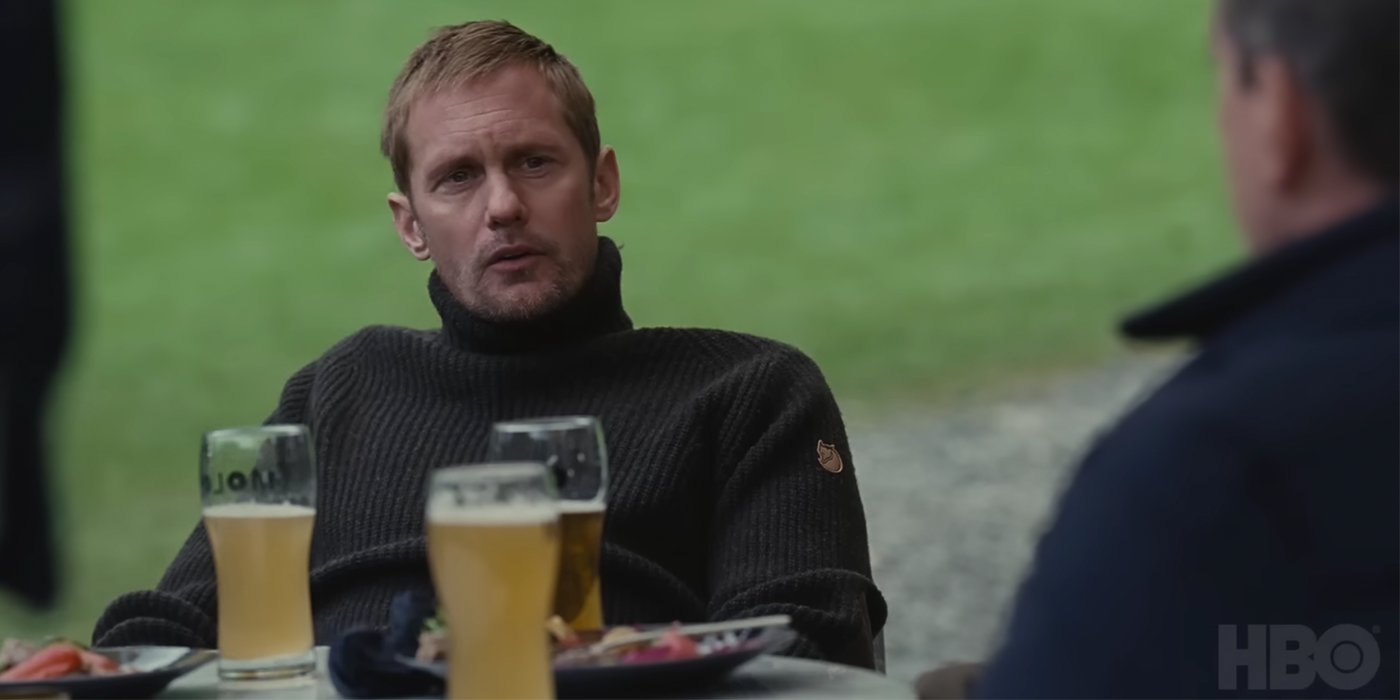 Lukas Mattsson drinking beer in Succession Season 4 Episode 5.