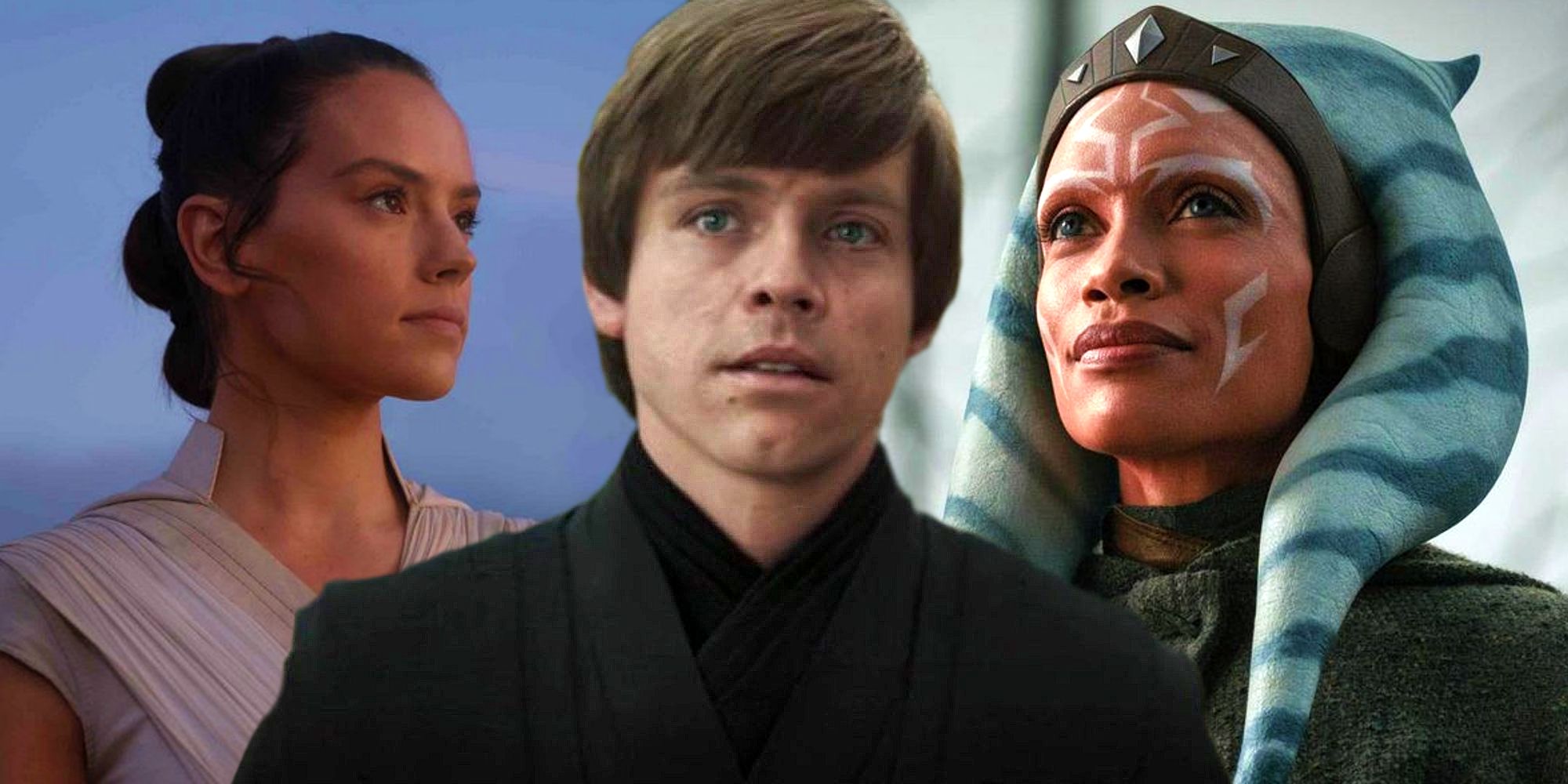 Luke Skywalker from The Book of Boba Fett next to Ahsoka Tano from The Mandalorian and Rey in The Rise of Skywalker.
