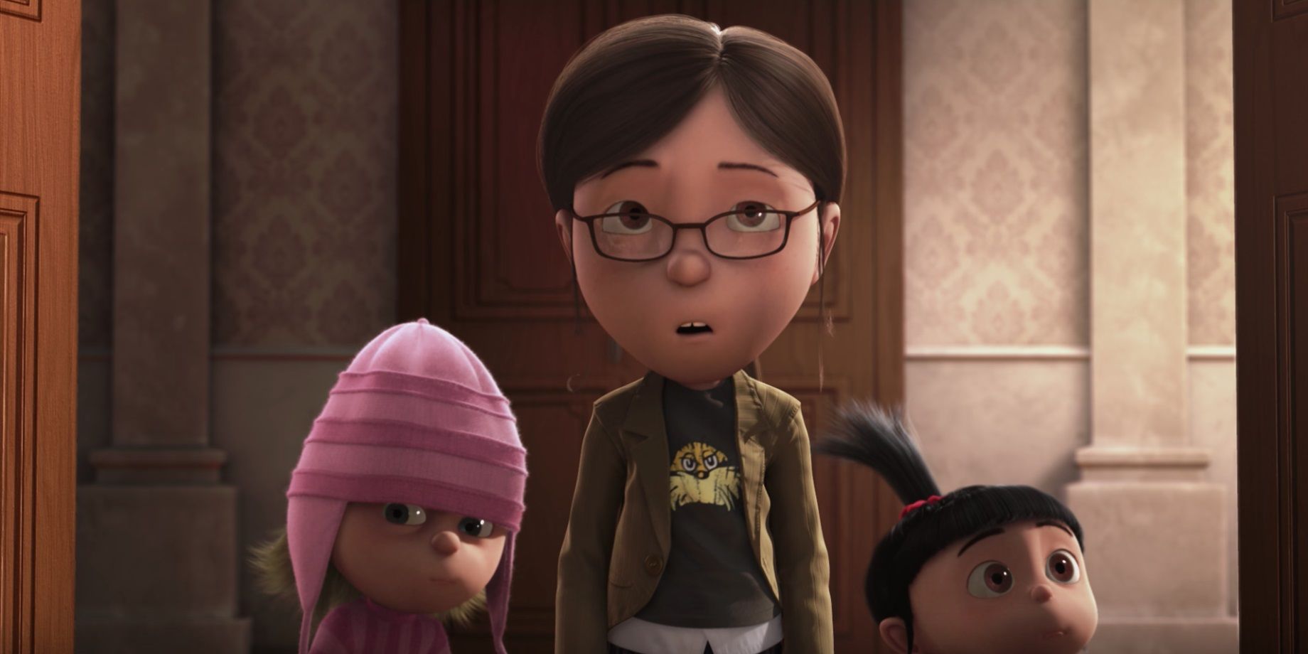 In Despicable Me 4, Gru's 3 adopted girls look exactly the same and not  aged at all. This is because once the father has a blood child, he longer  gives a single