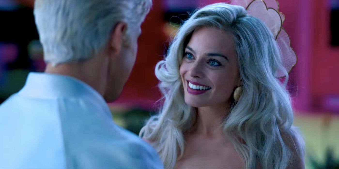 Margot Robbie as Barbie gives Ryan Gosling as Ken a puzzled smile