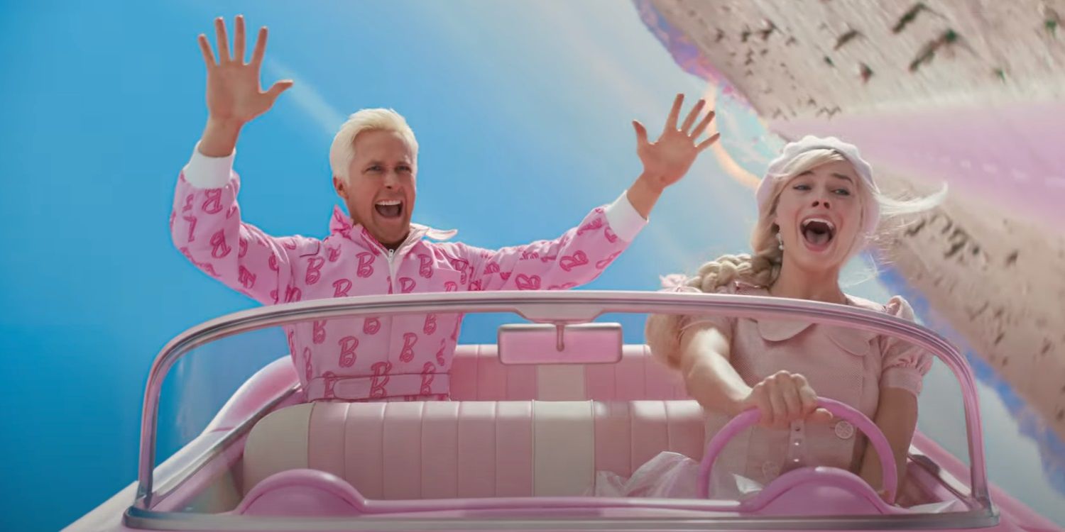 Margot Robbie and Ryan Gosling in a car in Barbie