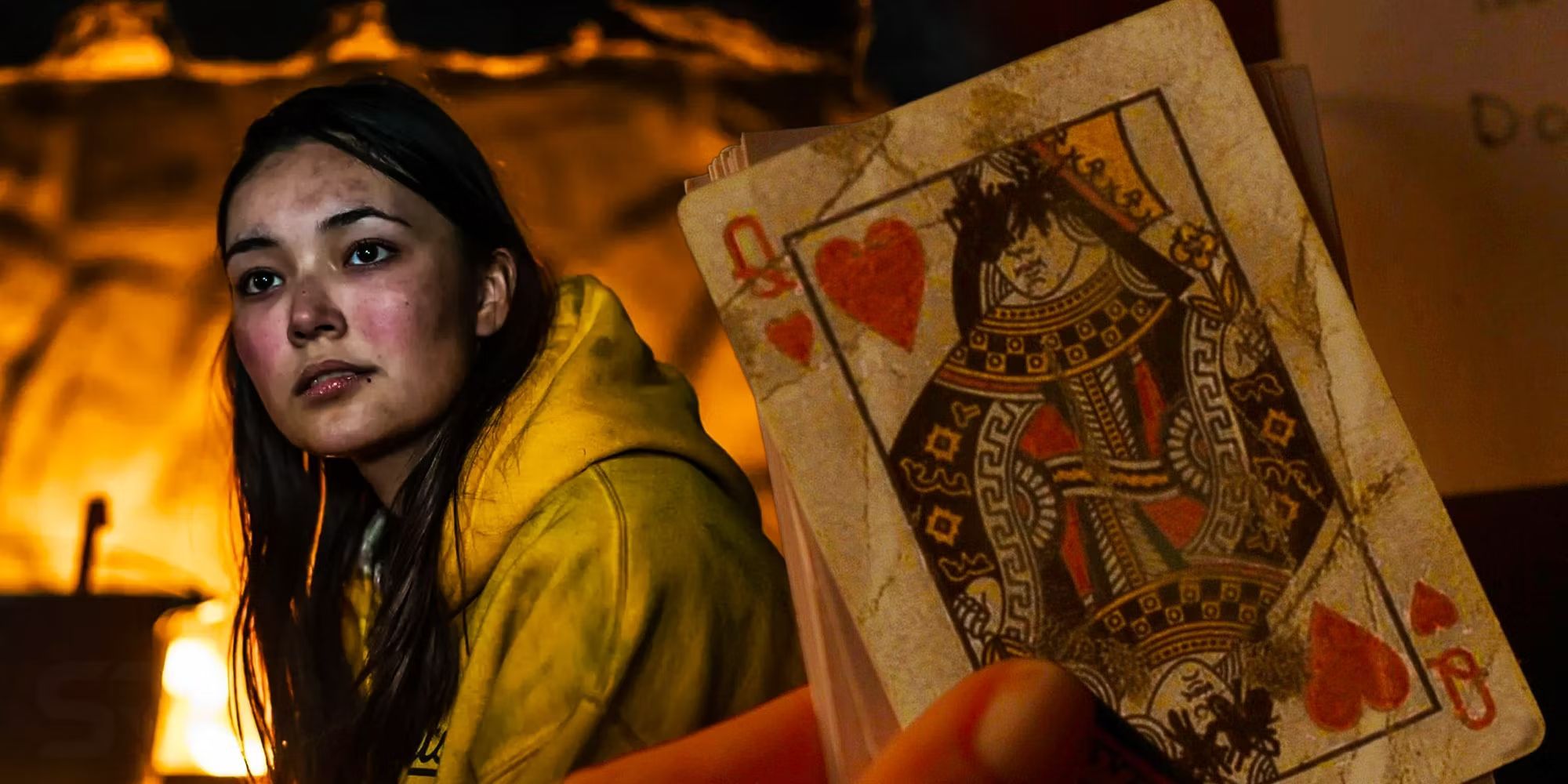 A blended image features Mari and the Queen of Hearts playing card from Yellowjackets
