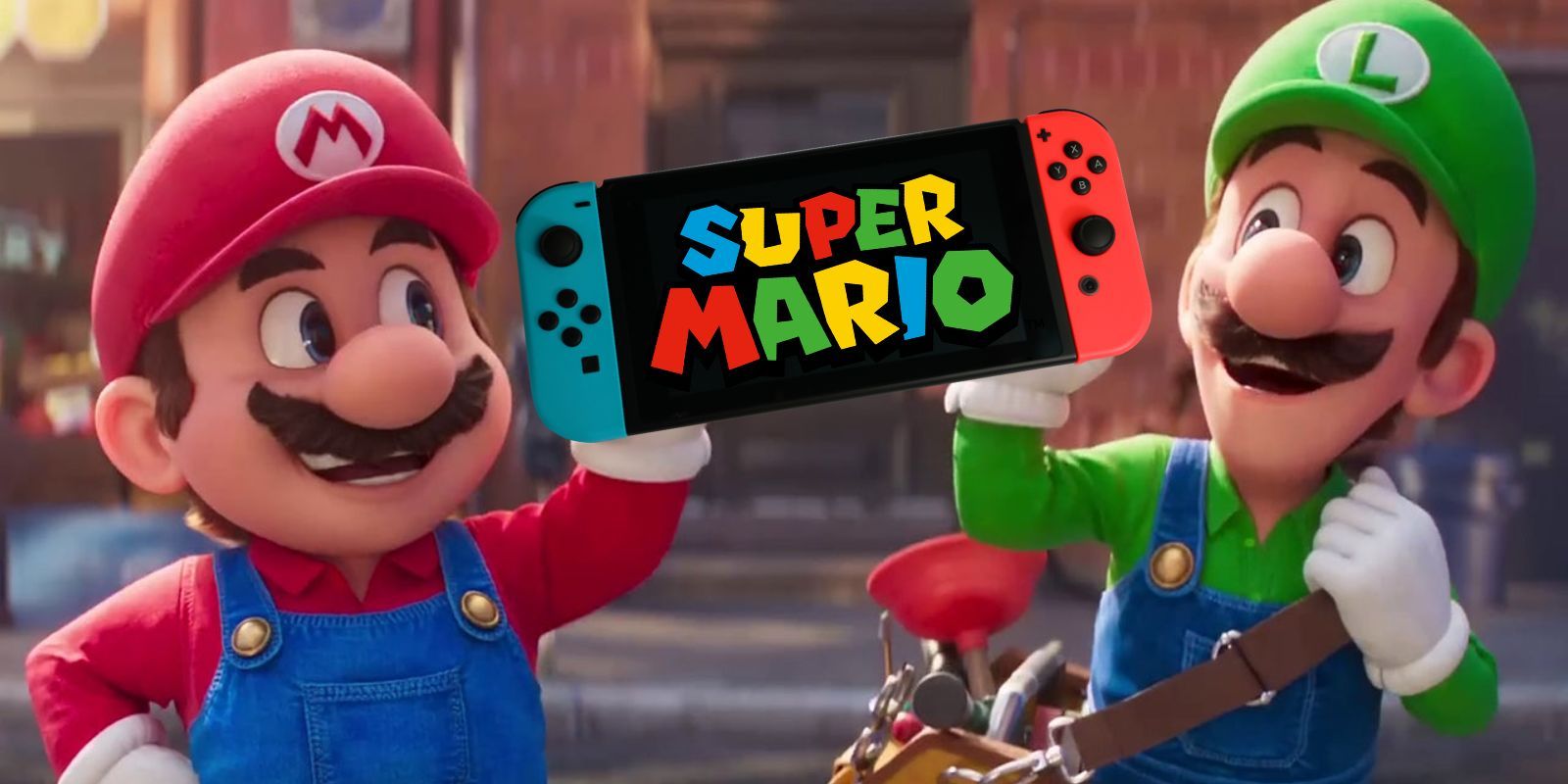 Mario and Luigi from the Mario movie, with an image of a Nintendo Switch superimposed over their raised hands and the Super Mario logo on the Switch screen