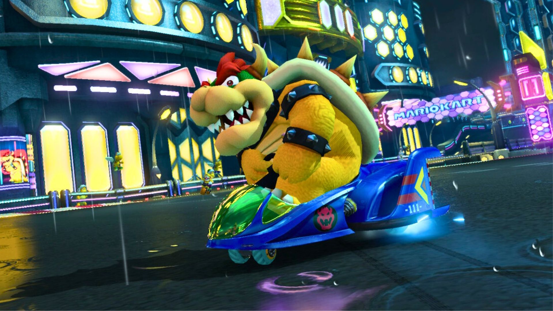 Mario Kart 8 Deluxe replay closeup of Bowser in the Blue Falcon Kart