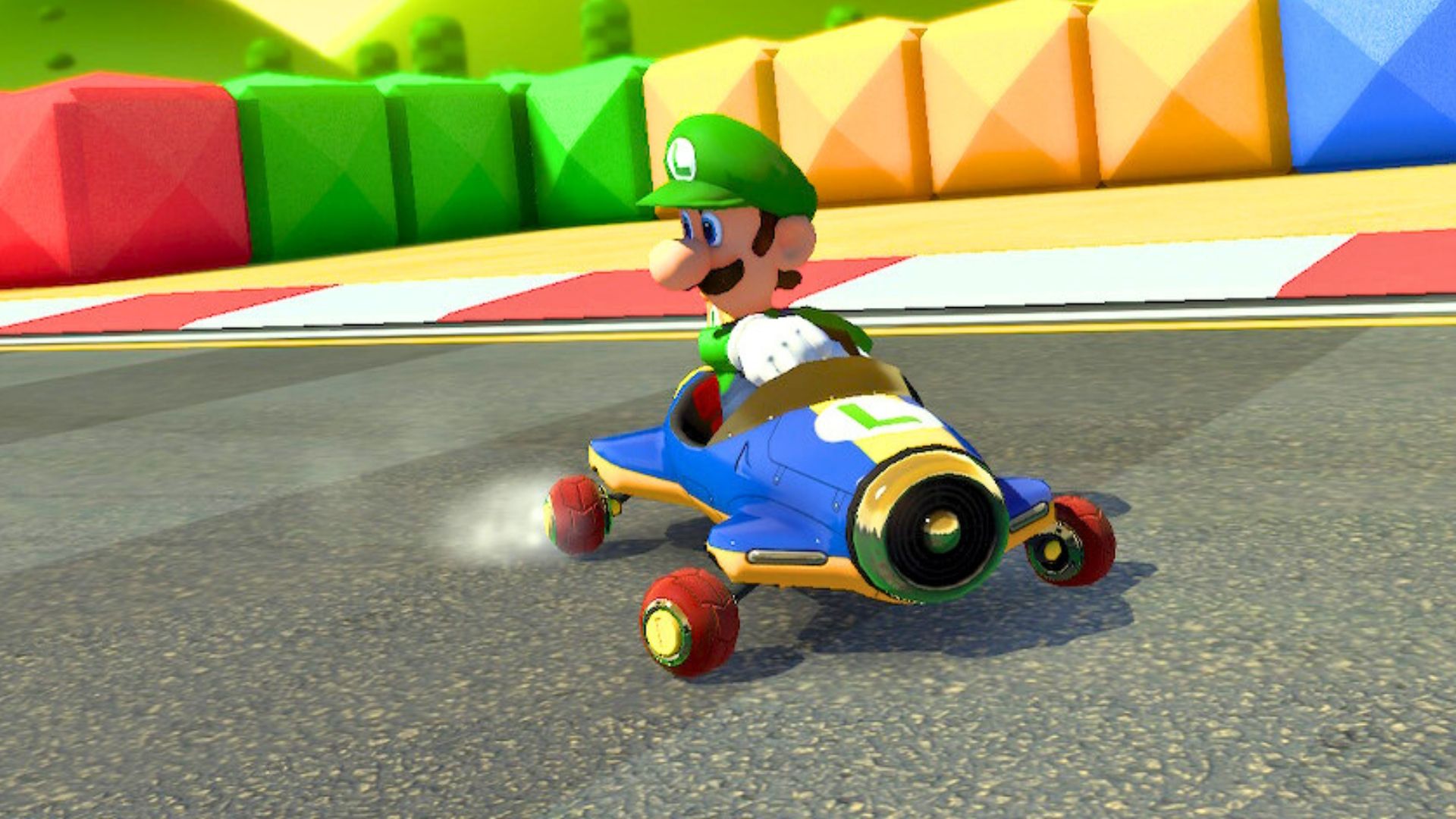 Mario Kart 8 Deluxe replay closeup of Luigi in Mach 8 Kart