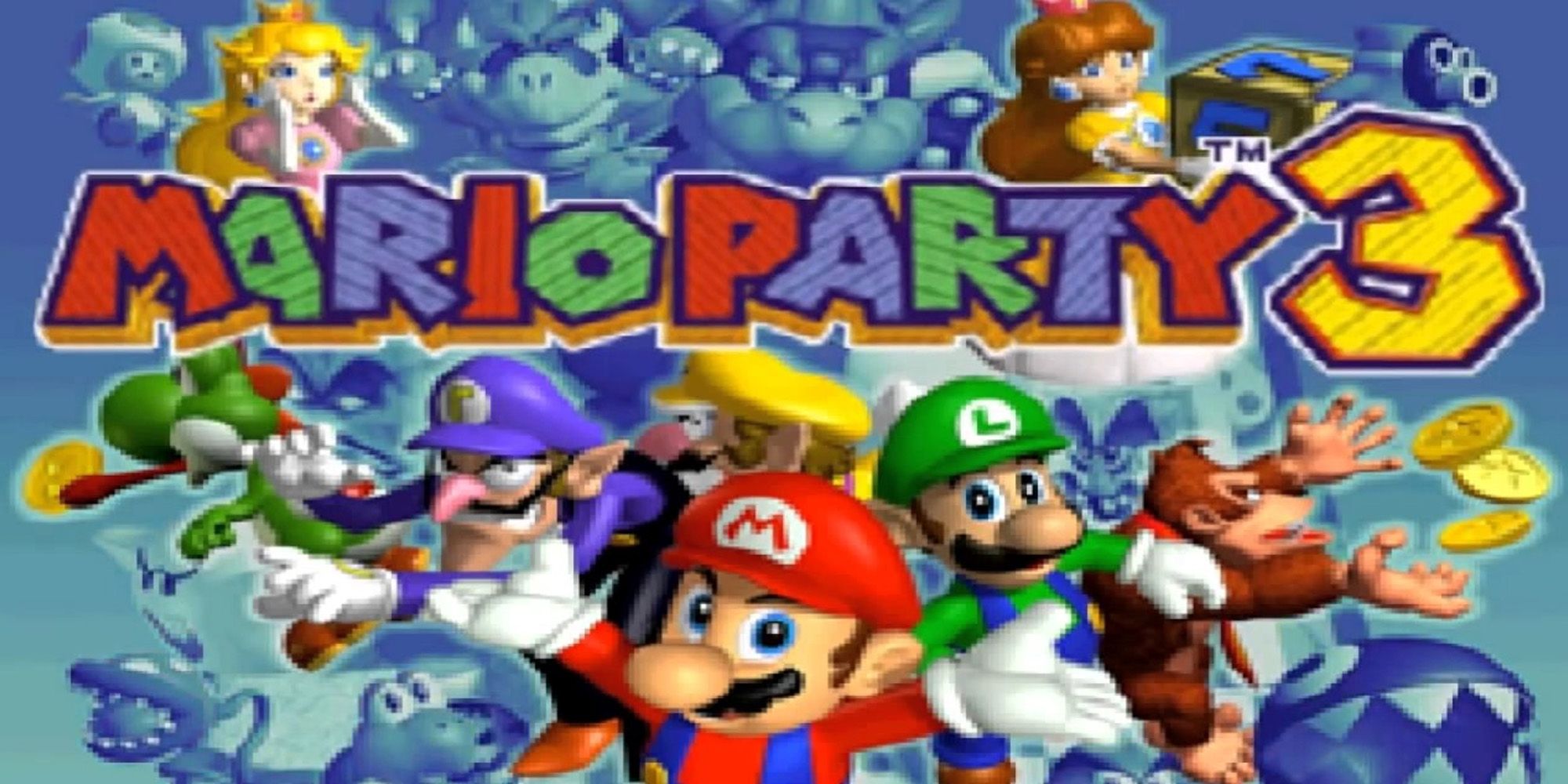 Layar judul Mario Party 3 dengan bagian depan dan tengah Mario dikelilingi oleh karakter lain.
