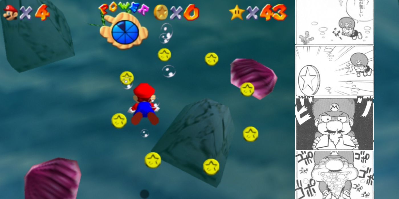 Mario nadando debaixo d'água em Mario 64 ao lado de uma imagem de um Mario subaquático de um mangá