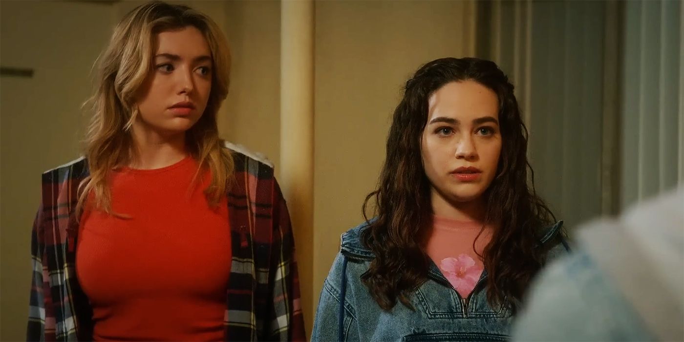 Mary Mouser as Samantha and Peyton List as Tory in Cobra Kai season 5 looking worried