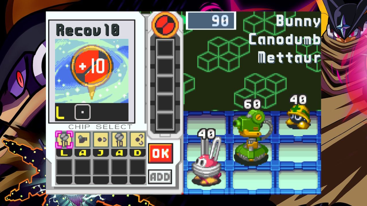 Mega Man Battle Network combat, Mega Man choosing a recovery chip while fighting three enemies