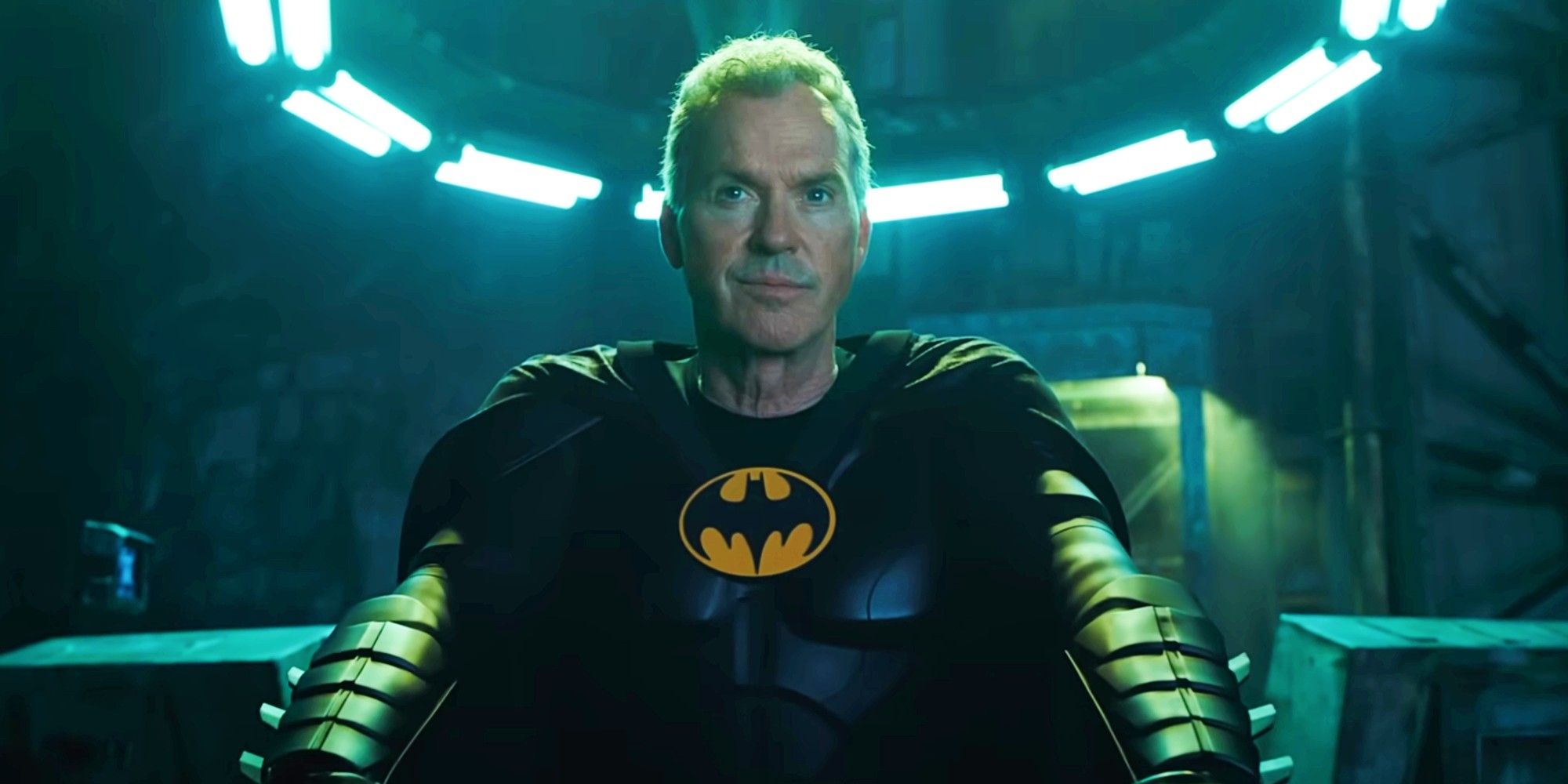 Michael Keaton as Batman in the Batcave Wearing His Batsuit in The Flash Movie