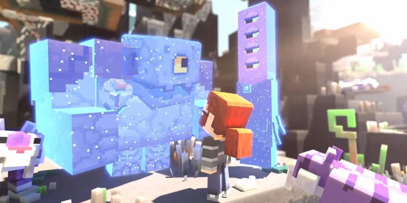 Minecraft Legends Hosts, the player standing in front of two of the three celestial Hosts in Minecraft Legends