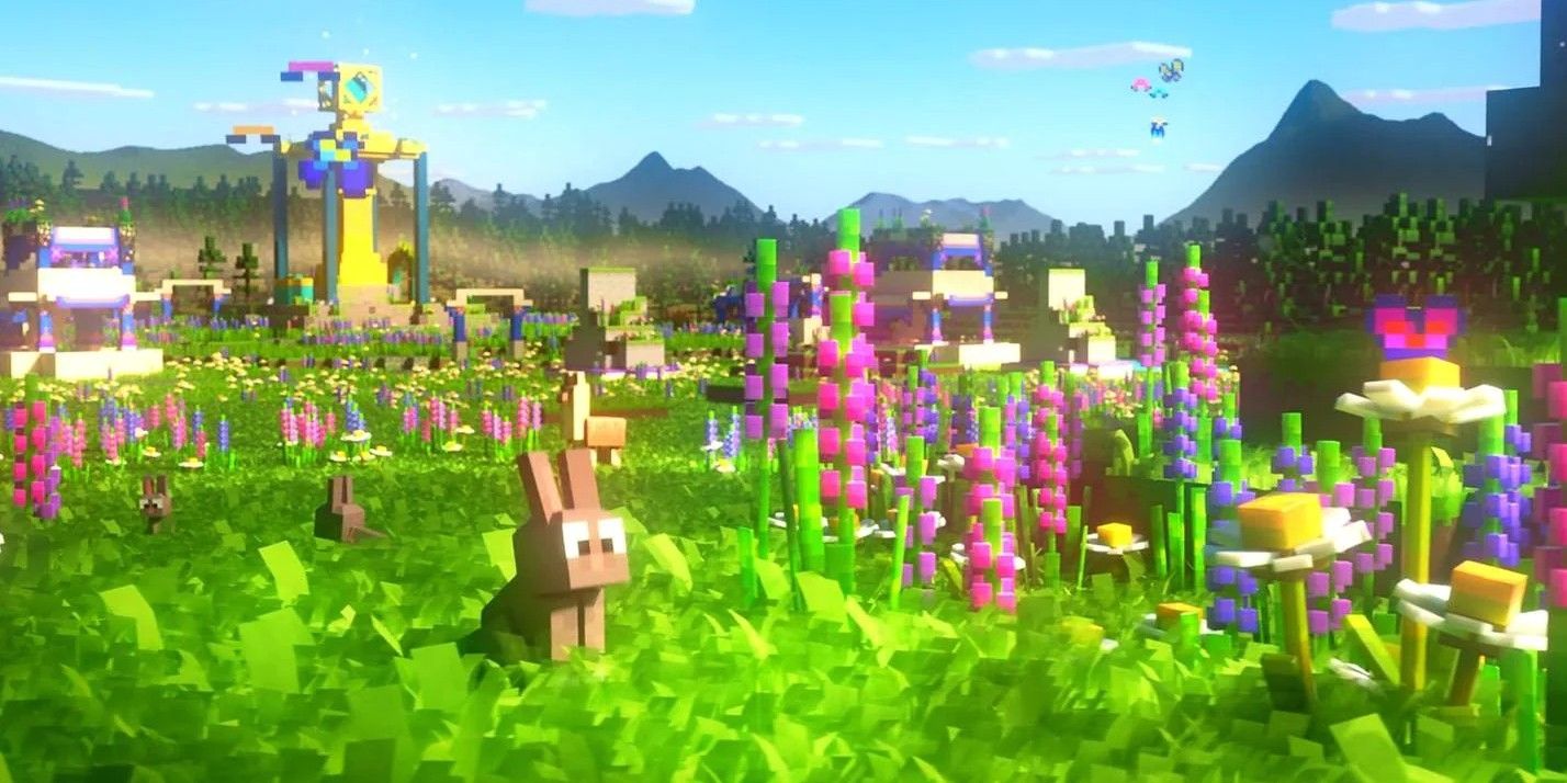 A meadow in Minecraft Legends with rabbits and flowers.