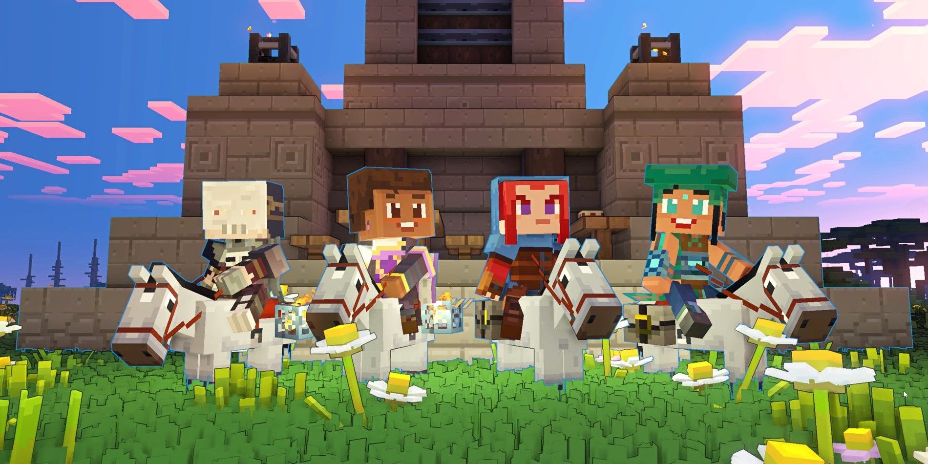Minecraft Legends Players all on horse mounts