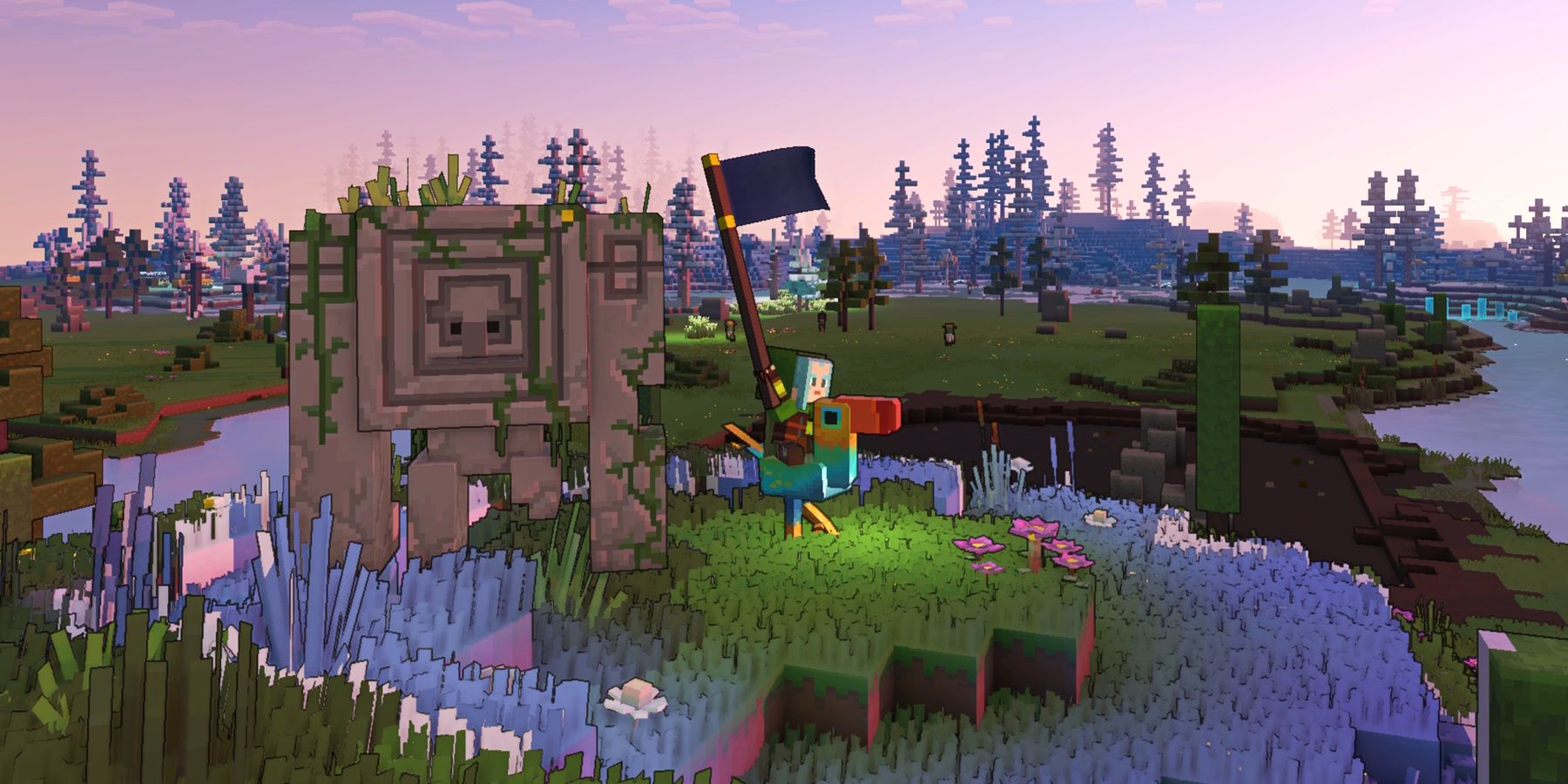 Minecraft Legends Player Calling Reinforcements, a golem stands beside them, while they are riding on a colorful bird creature