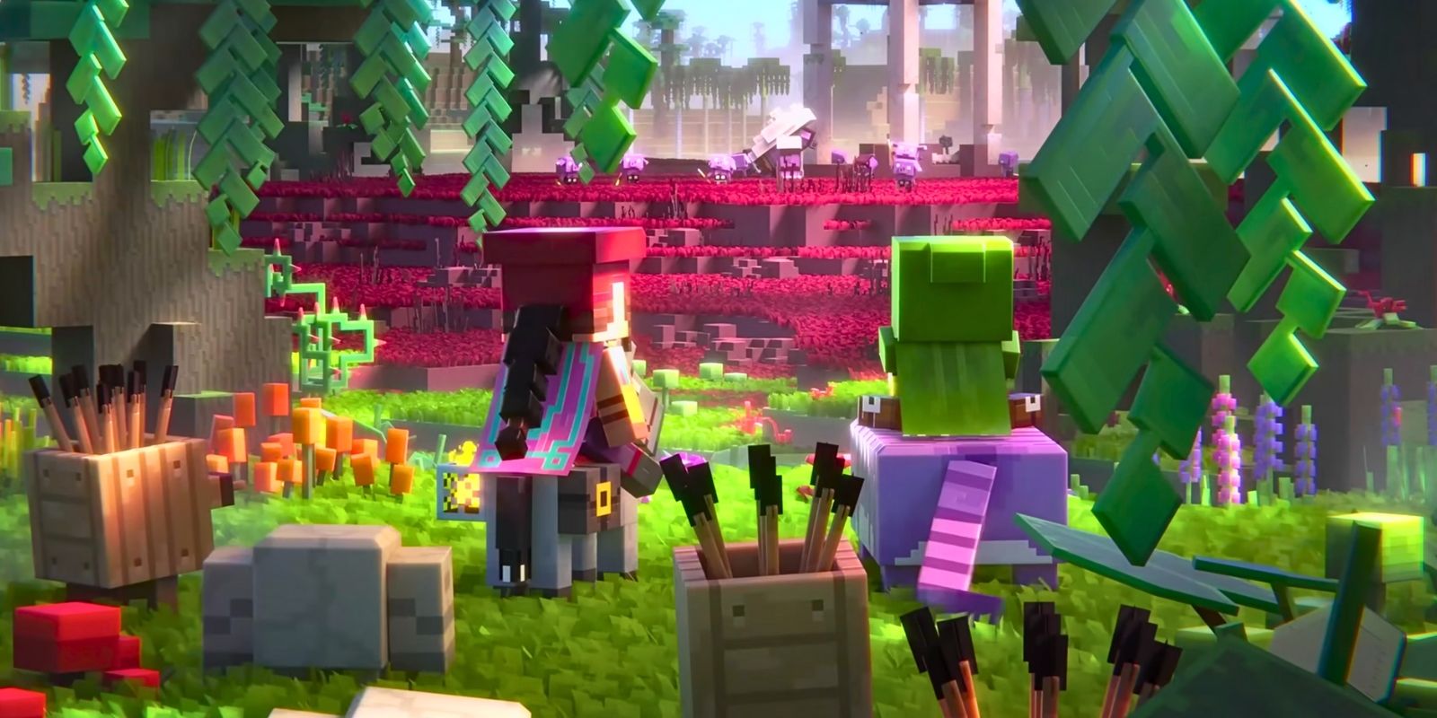 Minecraft Legends players and army hiding near trees looking into Piglin territory