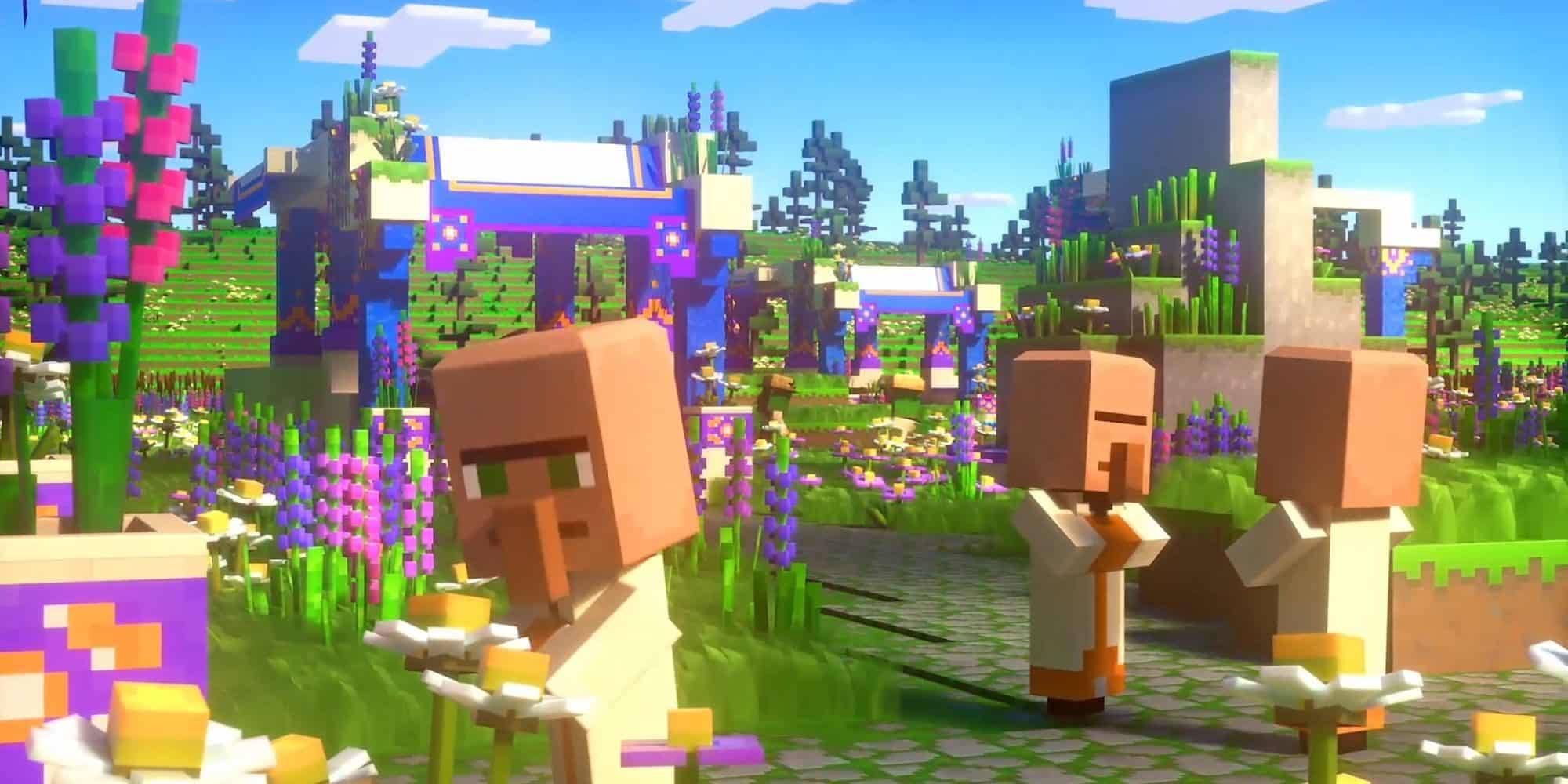 Minecraft Legends Villagers Walking Around Peacefully as Introduction Cutscene to Campaign