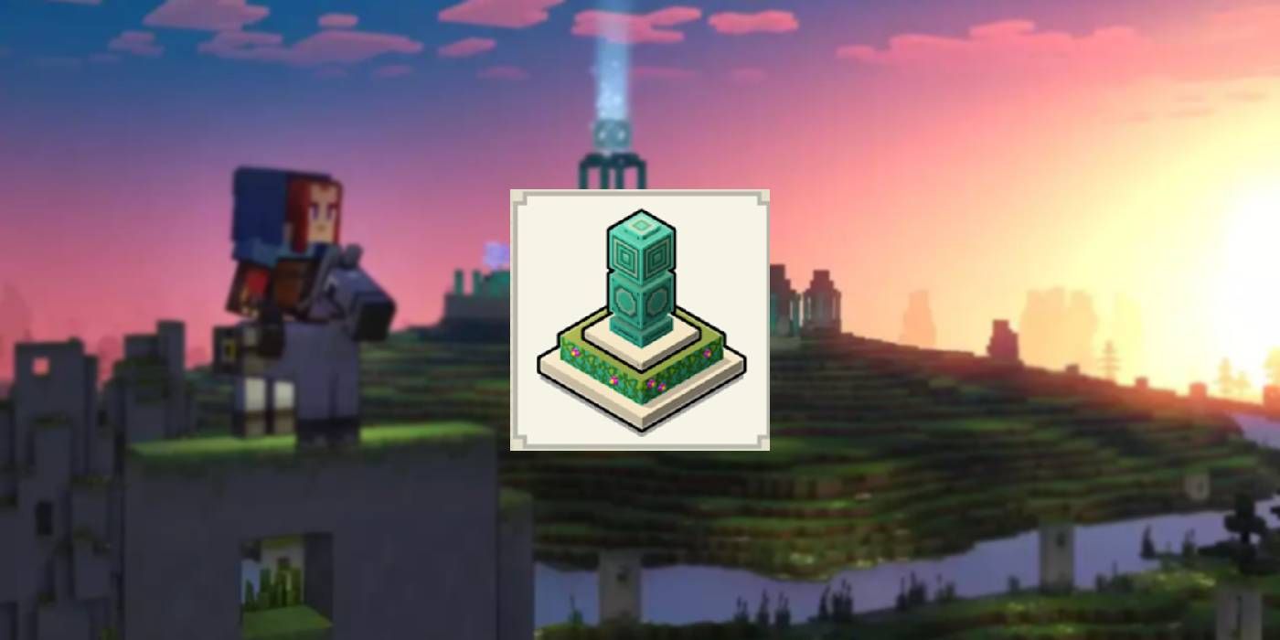 Symbole De La Tour De Puissance De Minecraft Legends Avec Le Puits Du Destin Et Le Héros En Arrière-Plan