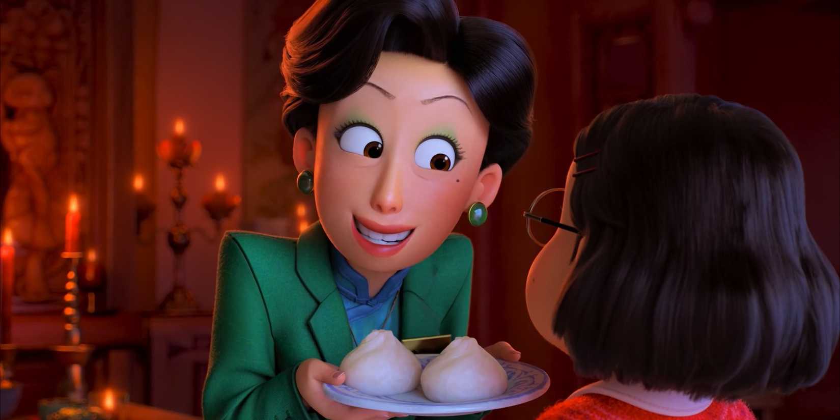 Ming Lee smiling and holding a plate out in Turning Red