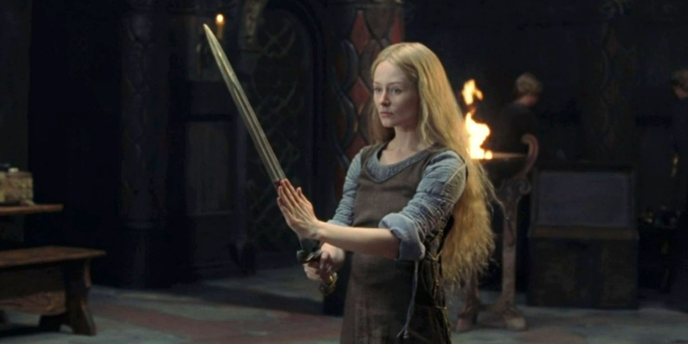 Miranda Otto as Eowyn holding a sword in The Lord of the Rings.