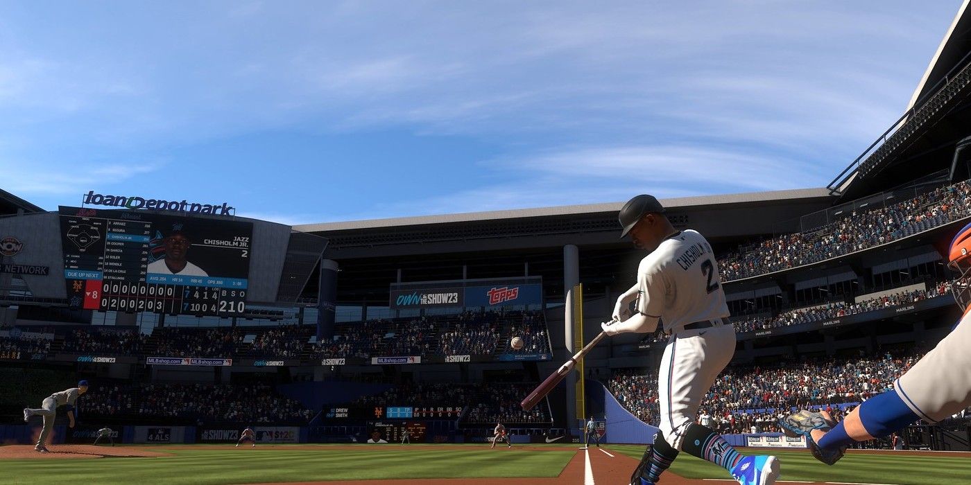 MLB The Show 23 screenshot of Jazz Chisholm Jr. swinging on a pitch.