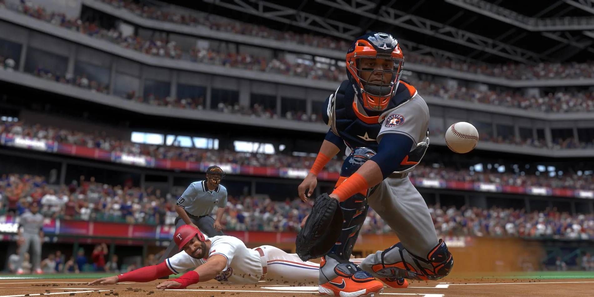 MLB The Show 23 Catcher Getting Ball to Tag Out Runner Who is Safe After Reaching Home Plate