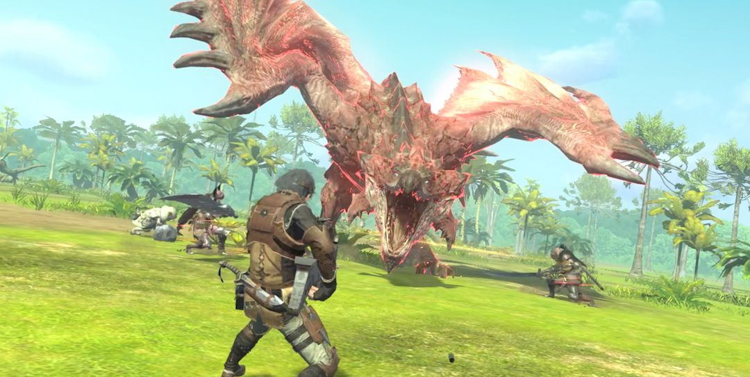 Monster Hunter Now fight scene showing three players triangulated around a roaring dragon.