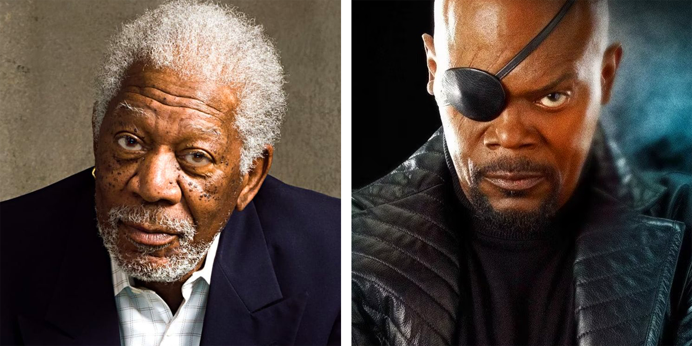 Morgan Freeman and Samuel L. Jackson as Nick Fury