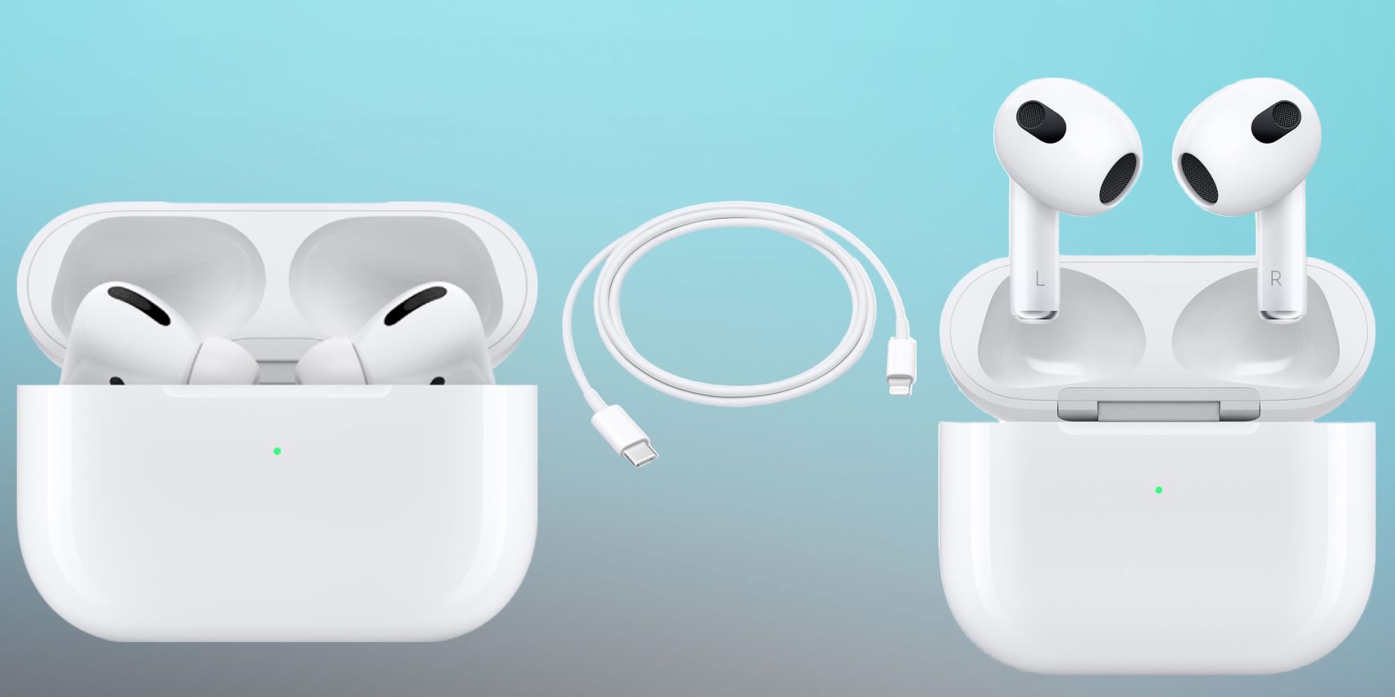 AirPods Pro, a lightning to usb-c cable, and airpods are pictured with a blue and gray background