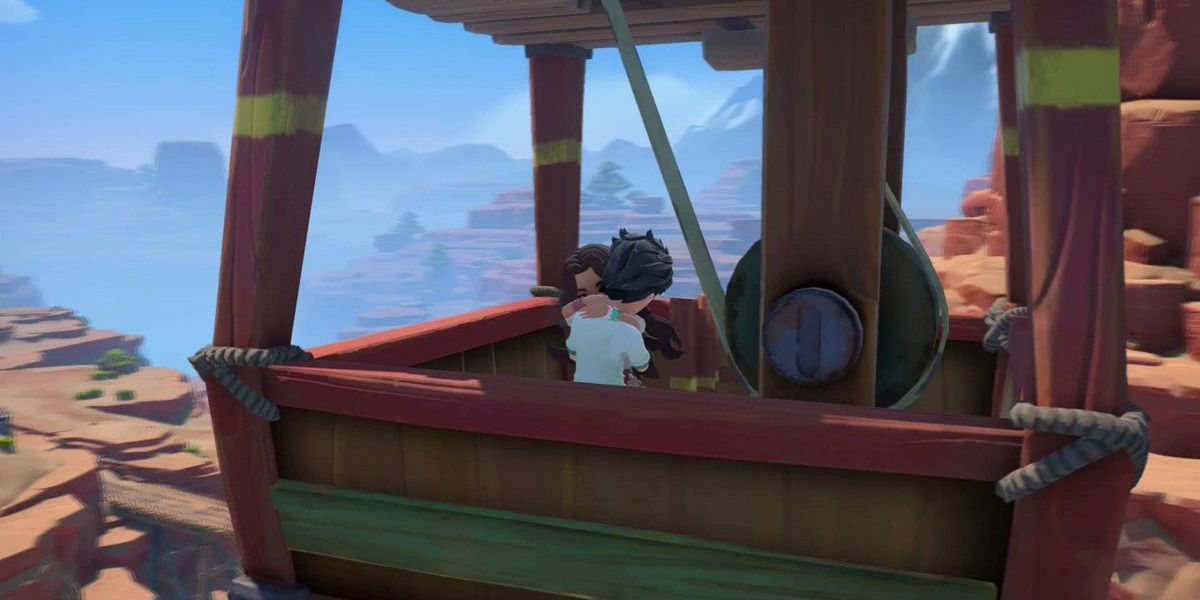 My Time At Sandrock Cable Cart, two characters hugging in a cable cart