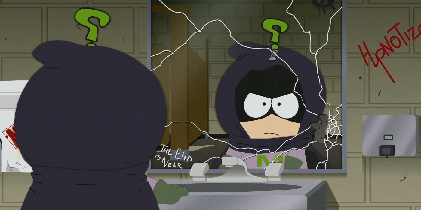 Mysterion se olhando no espelho em South Park