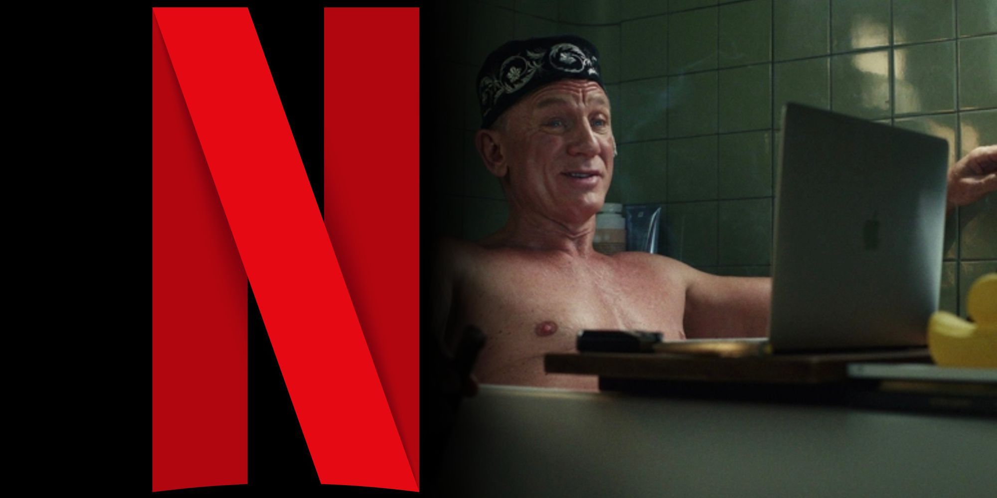 The Netflix logo alongside Benoit Blanc in Glass Onion