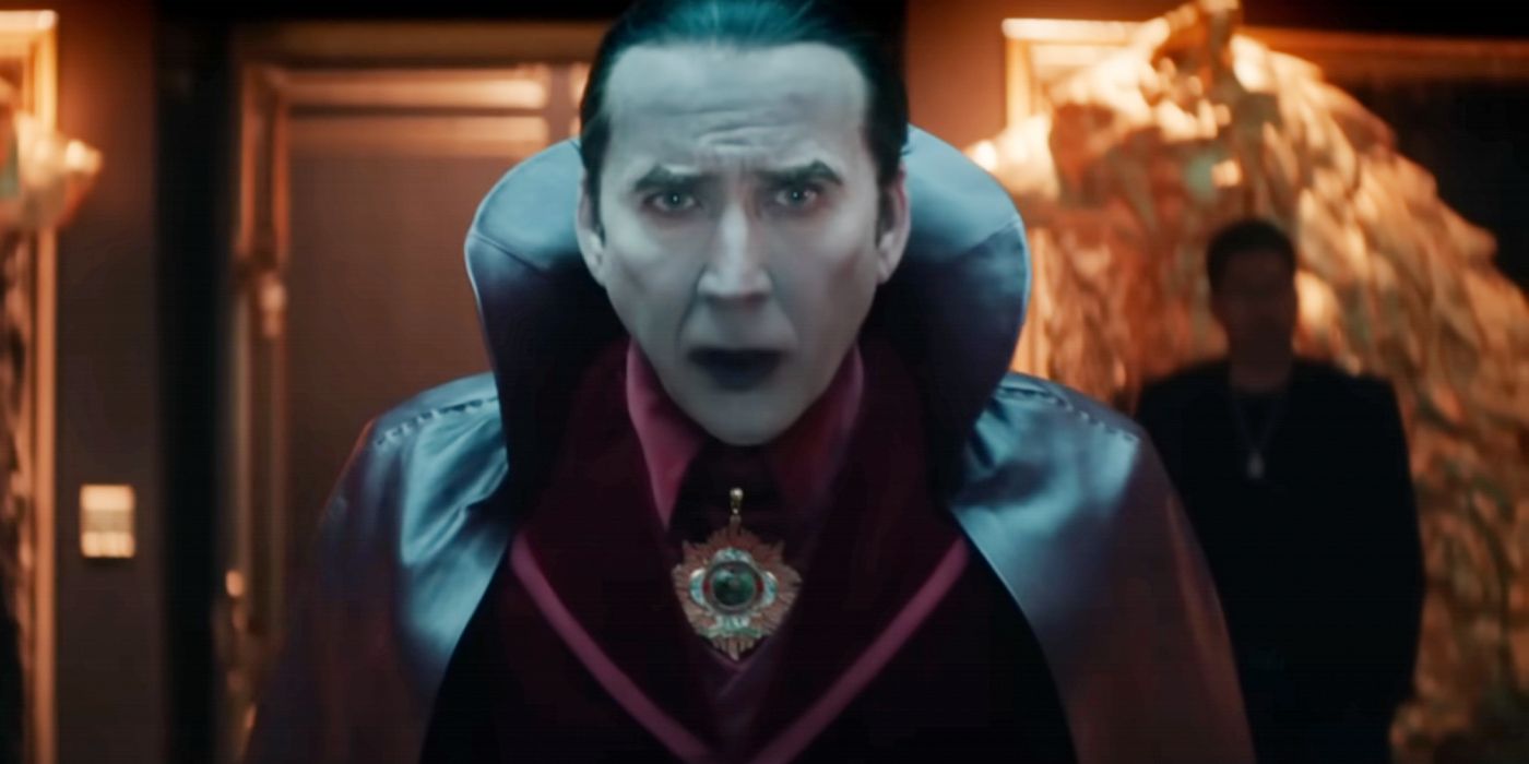 Nic Cage as Dracula wearing iconic vampiric costume in Renfield