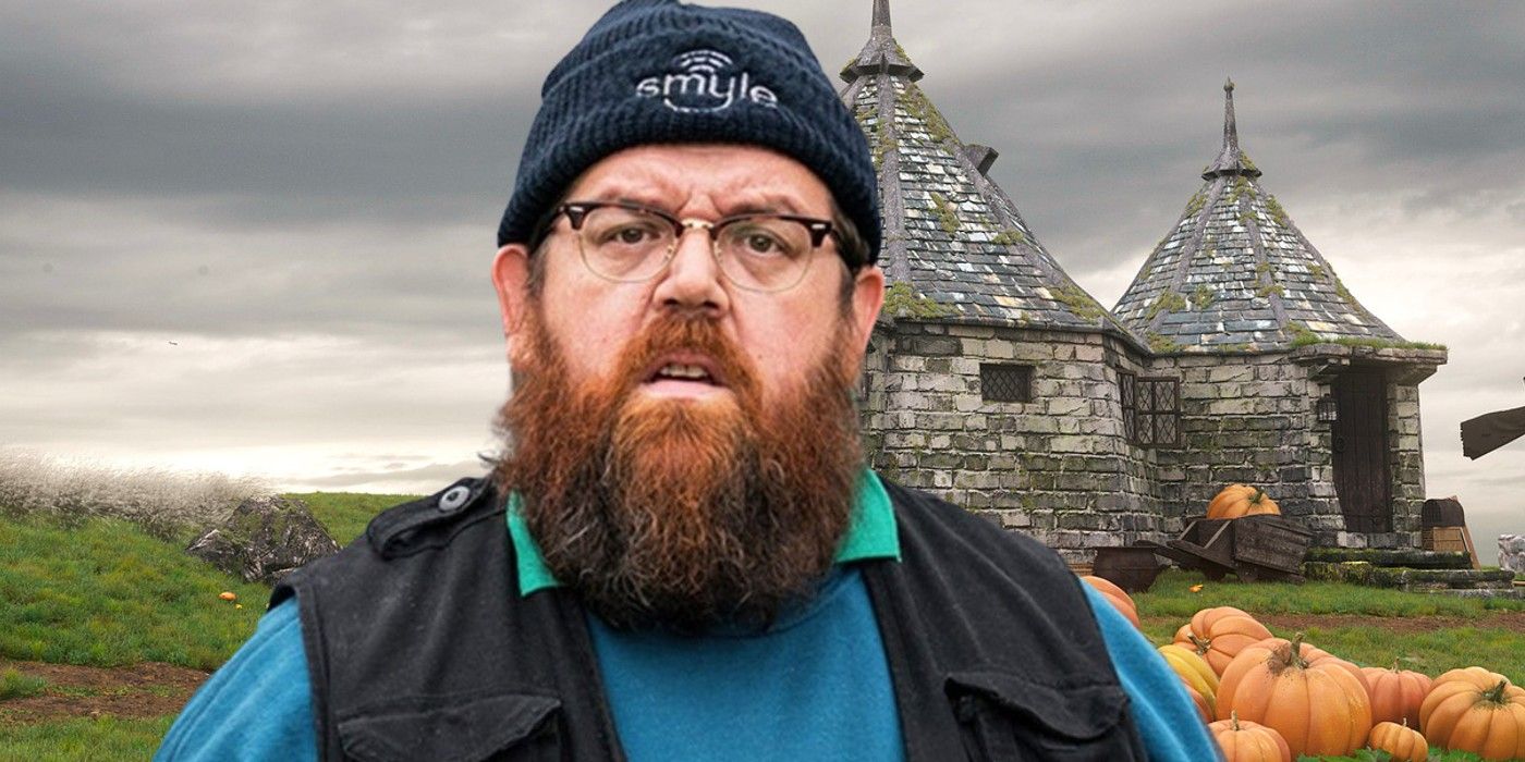 Nick Frost with Hagrid's Hut in the background