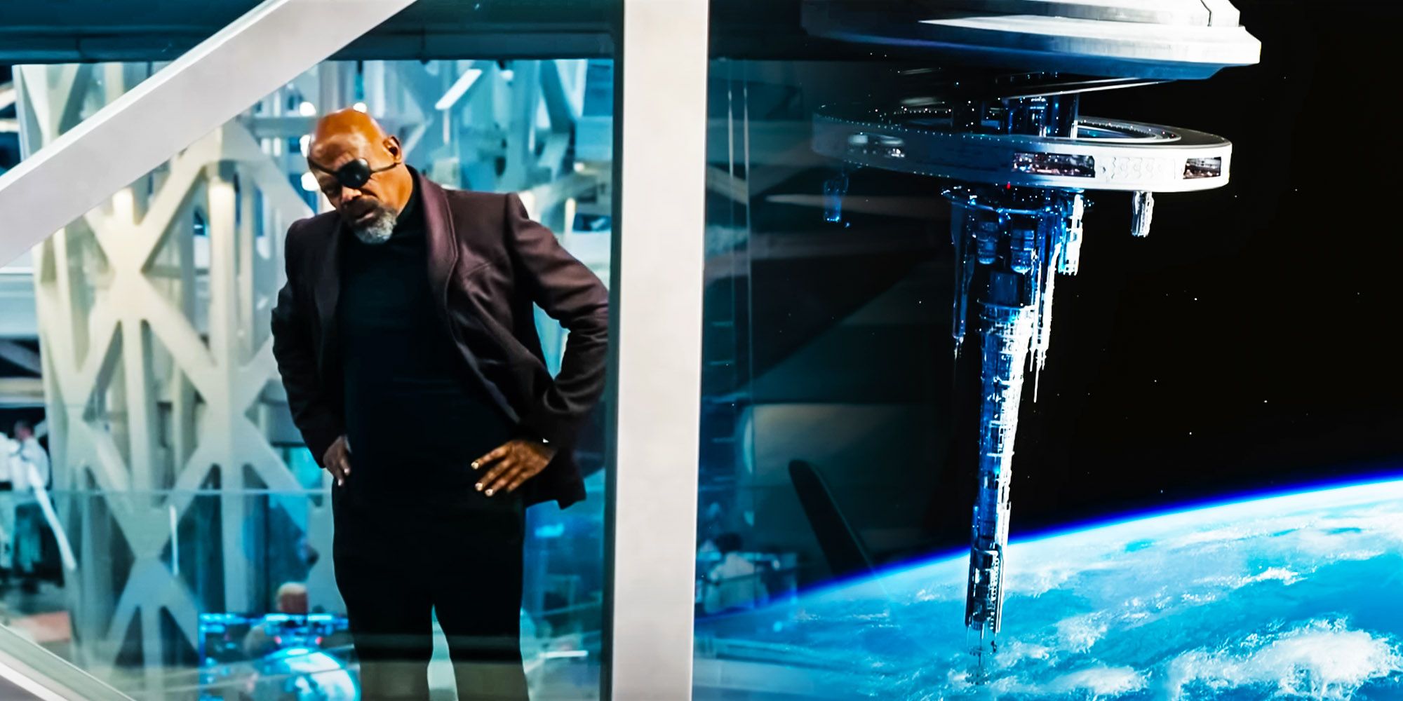 Nick fury in The Marvels' space station side by side by an outside view of the facility.