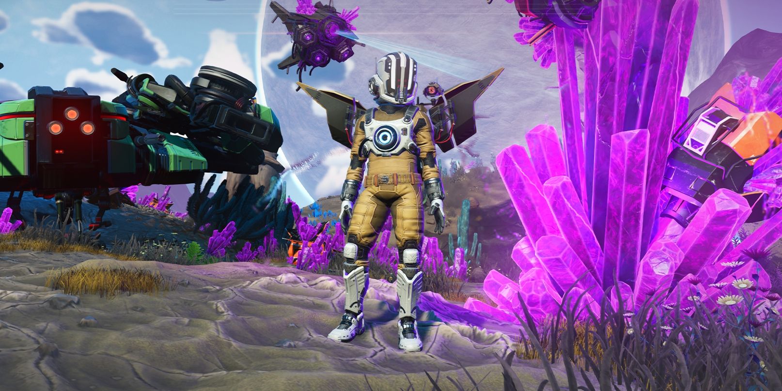 A traveler in No Man's Sky using a space suit on a planet. There are purple crystals behind them and a few drones as well.