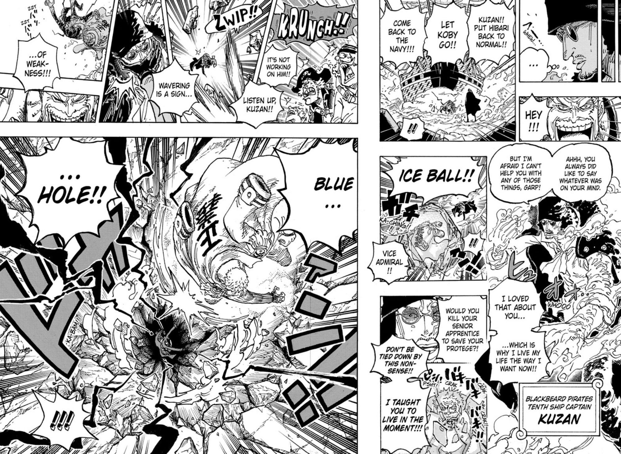 Panel manga dari manga One Piece chapter 1081 menunjukkan Garp dibekukan oleh kekuatan es Kuzan, lalu pecah dan membanting Kuzan ke tanah, menciptakan kawah besar.