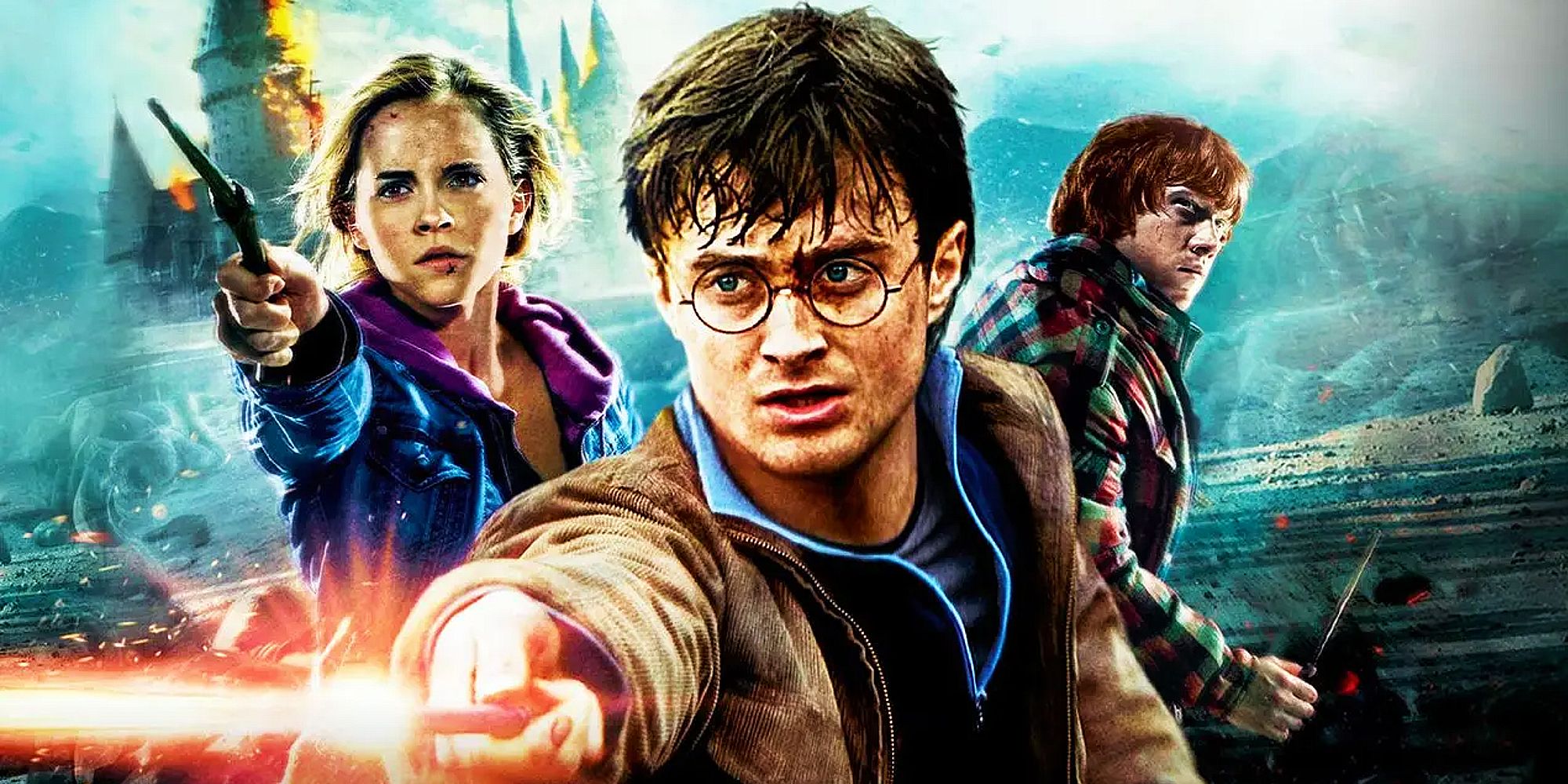 Hermione Granger, Harry Potter e Ron Weasley da série original de filmes Harry Potter