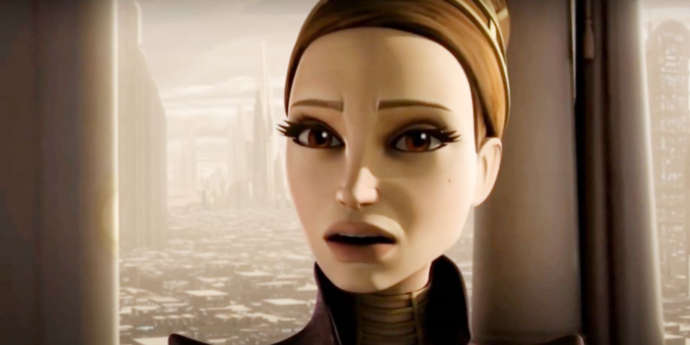 Padme em The Clone Wars parecendo surpresa em um tom neutro