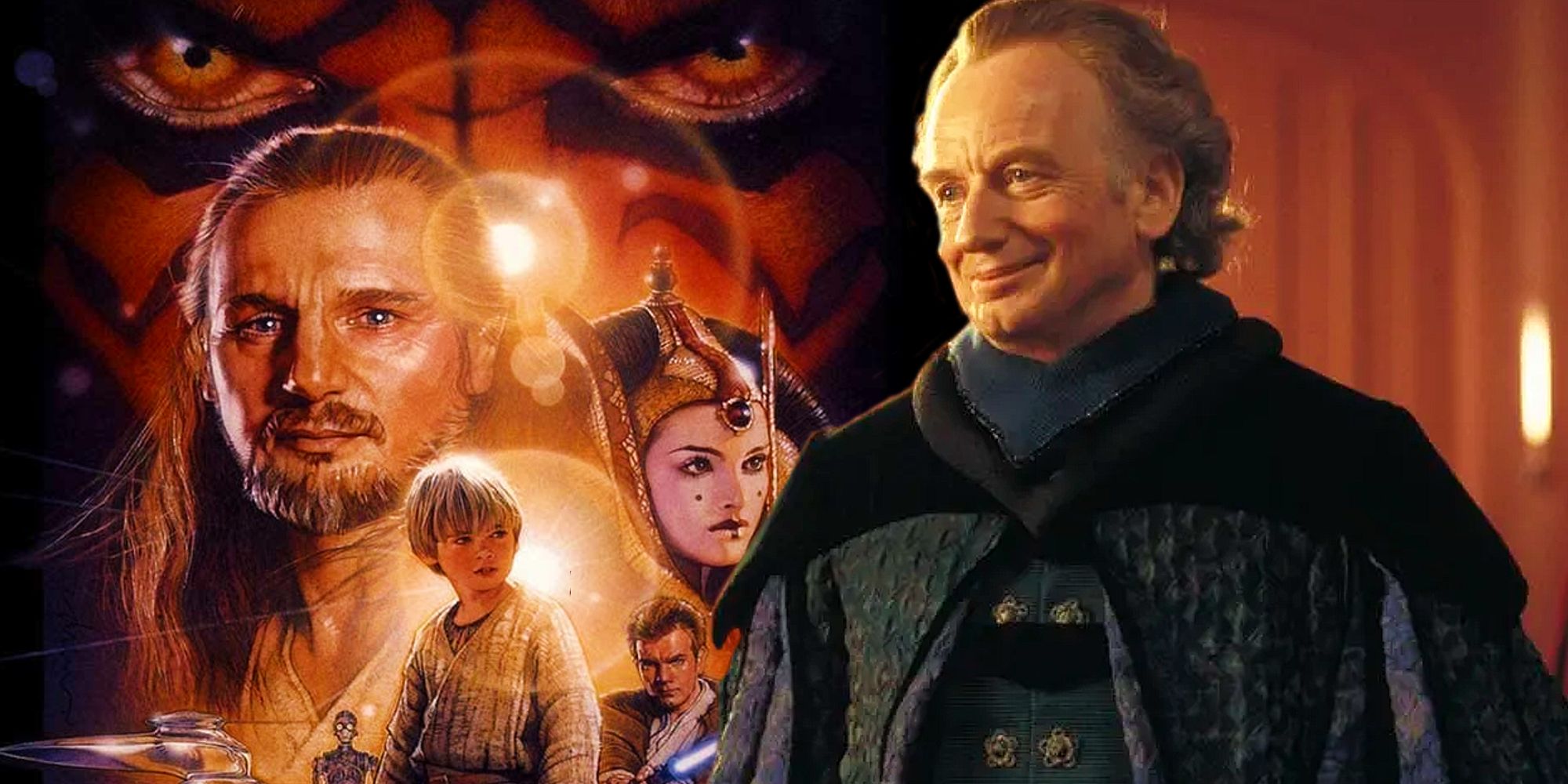 Palpatine in Star Wars The Phantom Menace next to the poster for the film