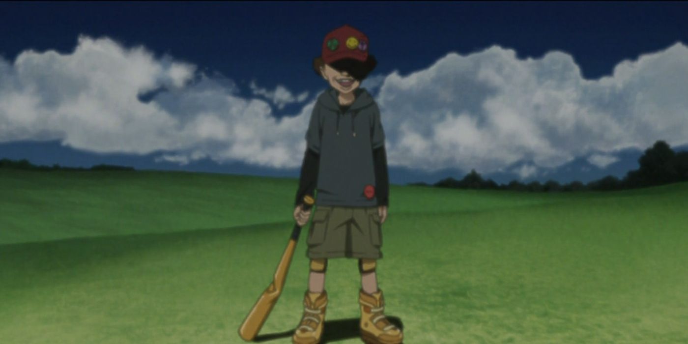Paranoia Agent's lil slugger standing in a field of grass and laughing.