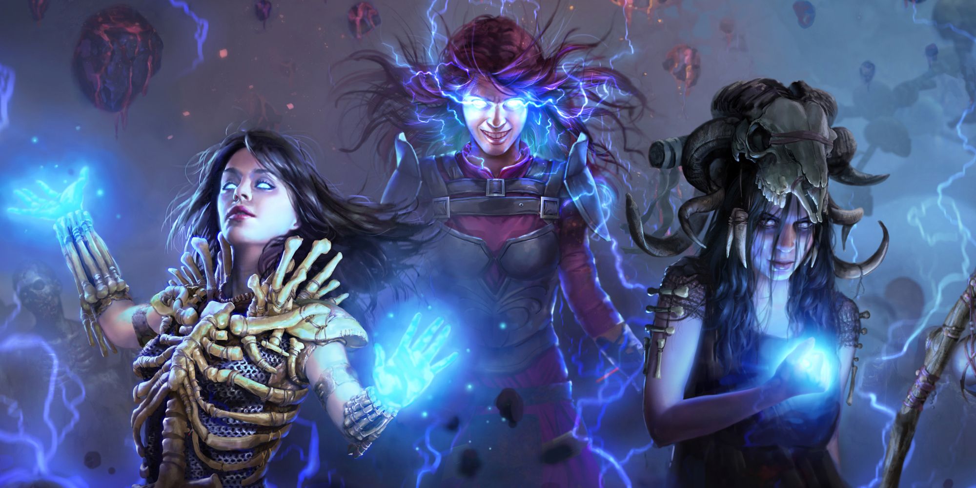 Artwork of three magic wielding sorceresses in Path of Exile, all three commanding blue lightning magic.