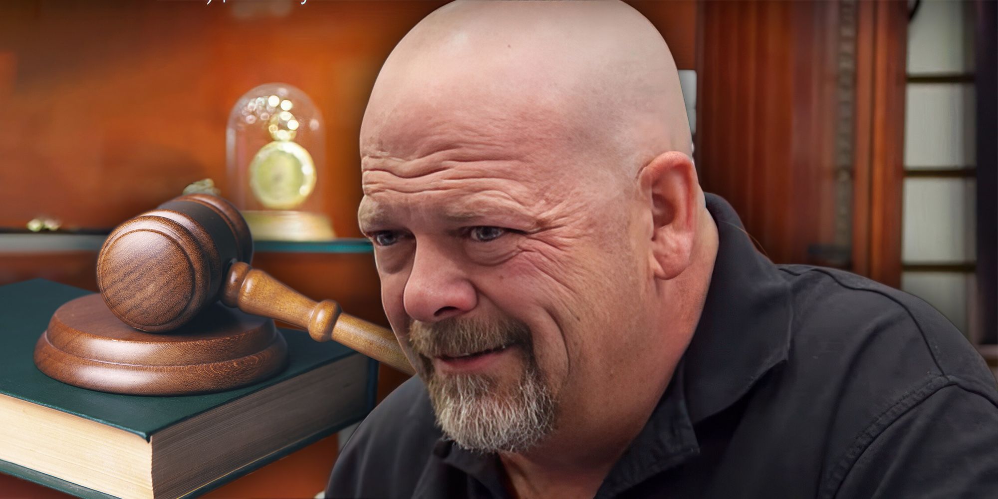 Pawn Stars Rick Harrison wearing a black shirt with a pained expression in a fake courtroom