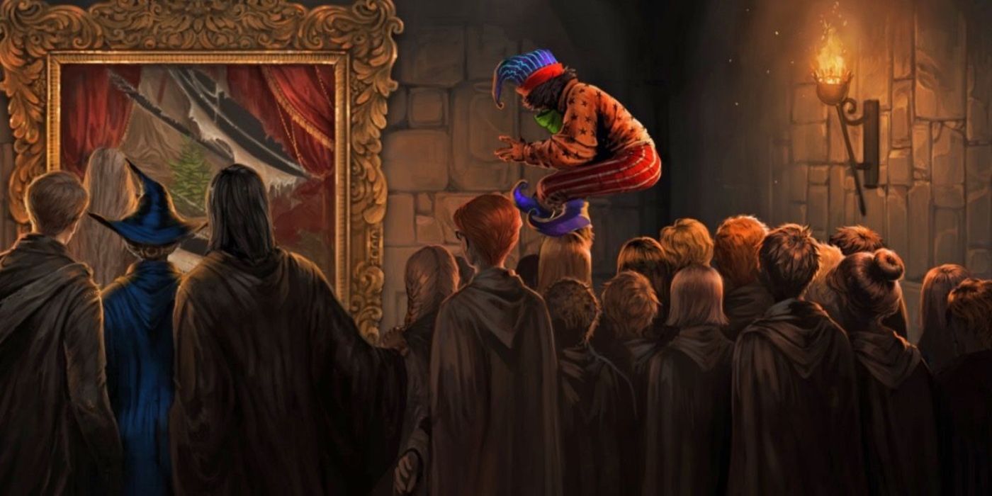 Peeves hanging above students in a Harry Potter and the Prisoner of Azkaban illustration