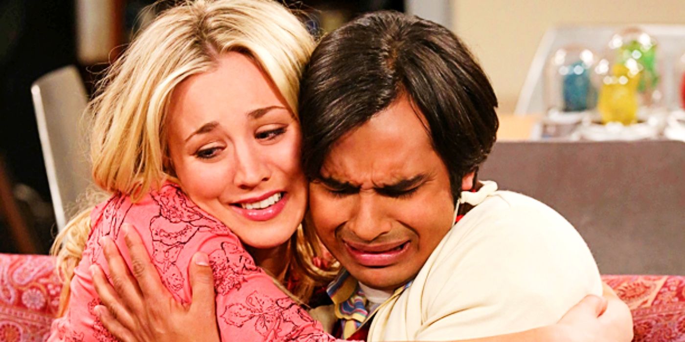 Penny and Raj hugging in The Big Bang Theory while he cries