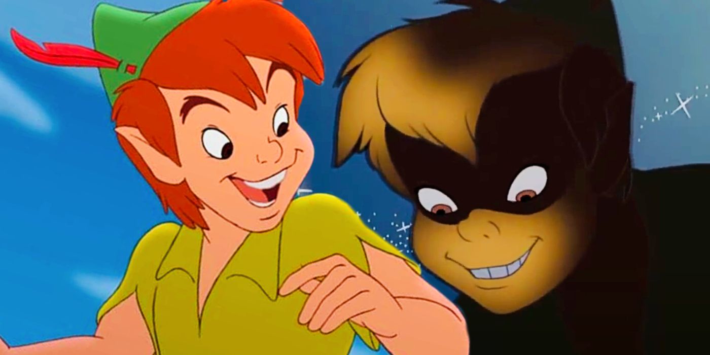 A blended image features Peter Pan in Disney's animated version, both in bright color and in sinister shadow