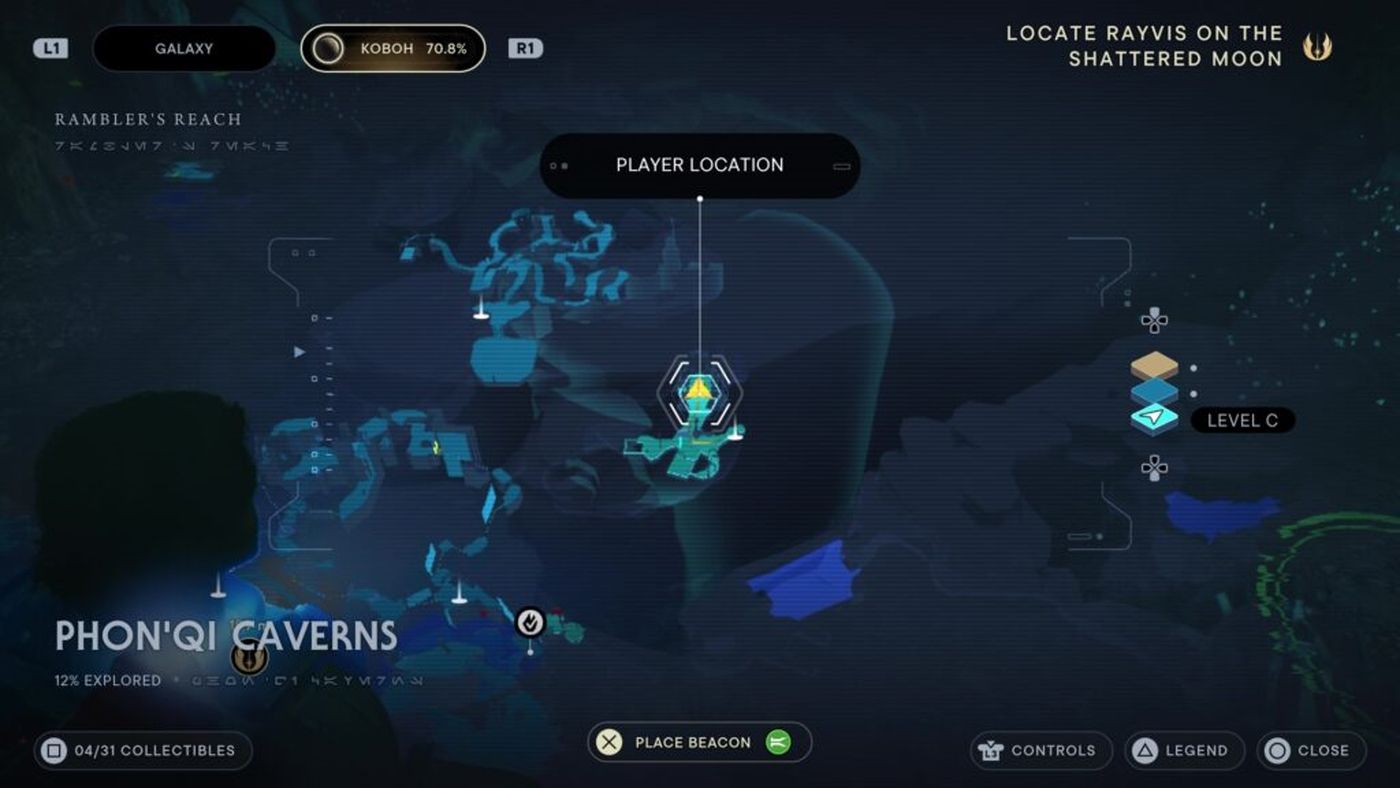 Pantalla del mapa Jedi Survivor de Phon'Qi Caverns que muestra la ubicación del jugador en el mapa