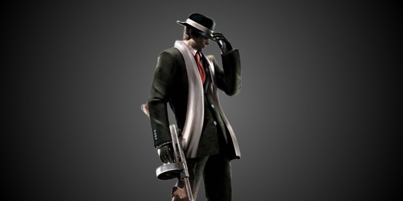 A render of Leon wearing his Pinstripe costume in the RE4 remake against a black and grey gradient background.